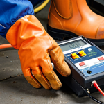 ** Electrical safety inspection scene. A worker wearing safety gloves and boots using a grounding tester on electrical equipment in an industrial setting. Focus on the proper grounding and safety measures.

**