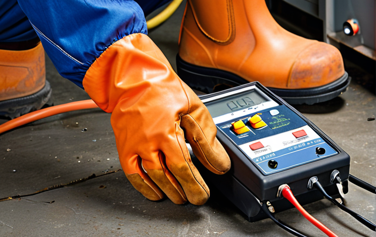 ** Electrical safety inspection scene. A worker wearing safety gloves and boots using a grounding tester on electrical equipment in an industrial setting. Focus on the proper grounding and safety measures.
**