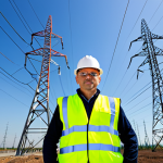 Modern Electrical Engineer**

"A professional electrical engineer, fully clothed in appropriate attire, wearing a safety vest and hard hat, inspecting a high-voltage power distribution station. Background shows a clear blue sky with modern transmission towers. Perfect anatomy, correct proportions, natural pose, safe for work, appropriate content, modest, professional, family-friendly, high quality."

**