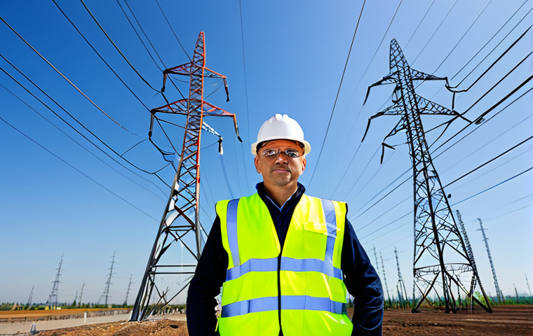 Modern Electrical Engineer**
"A professional electrical engineer, fully clothed in appropriate attire, wearing a safety vest and hard hat, inspecting a high-voltage power distribution station. Background shows a clear blue sky with modern transmission towers. Perfect anatomy, correct proportions, natural pose, safe for work, appropriate content, modest, professional, family-friendly, high quality."
**