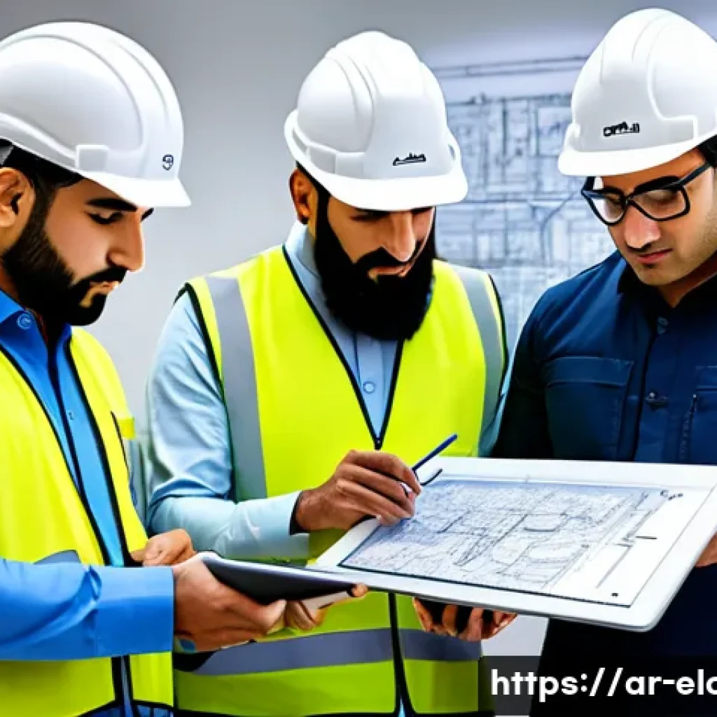 전기공사 프로젝트 관리 기본 지식 - A professional Middle Eastern electrical engineering team in traditional workwear and safety gear, m...