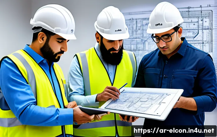 전기공사 프로젝트 관리 기본 지식 - A professional Middle Eastern electrical engineering team in traditional workwear and safety gear, m...