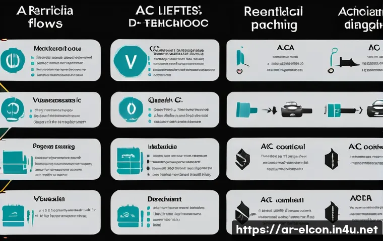 전기공사 주요 과목 요점 정리 PDF - A detailed educational infographic showing the difference between Direct Current (DC) and Alternatin...