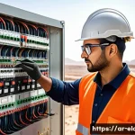 전기공사 관련 이론 총정리 - A detailed, realistic illustration of an electrical engineer working on a modern electrical distribu...