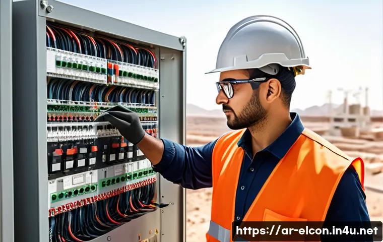 전기공사 관련 이론 총정리 - A detailed, realistic illustration of an electrical engineer working on a modern electrical distribu...