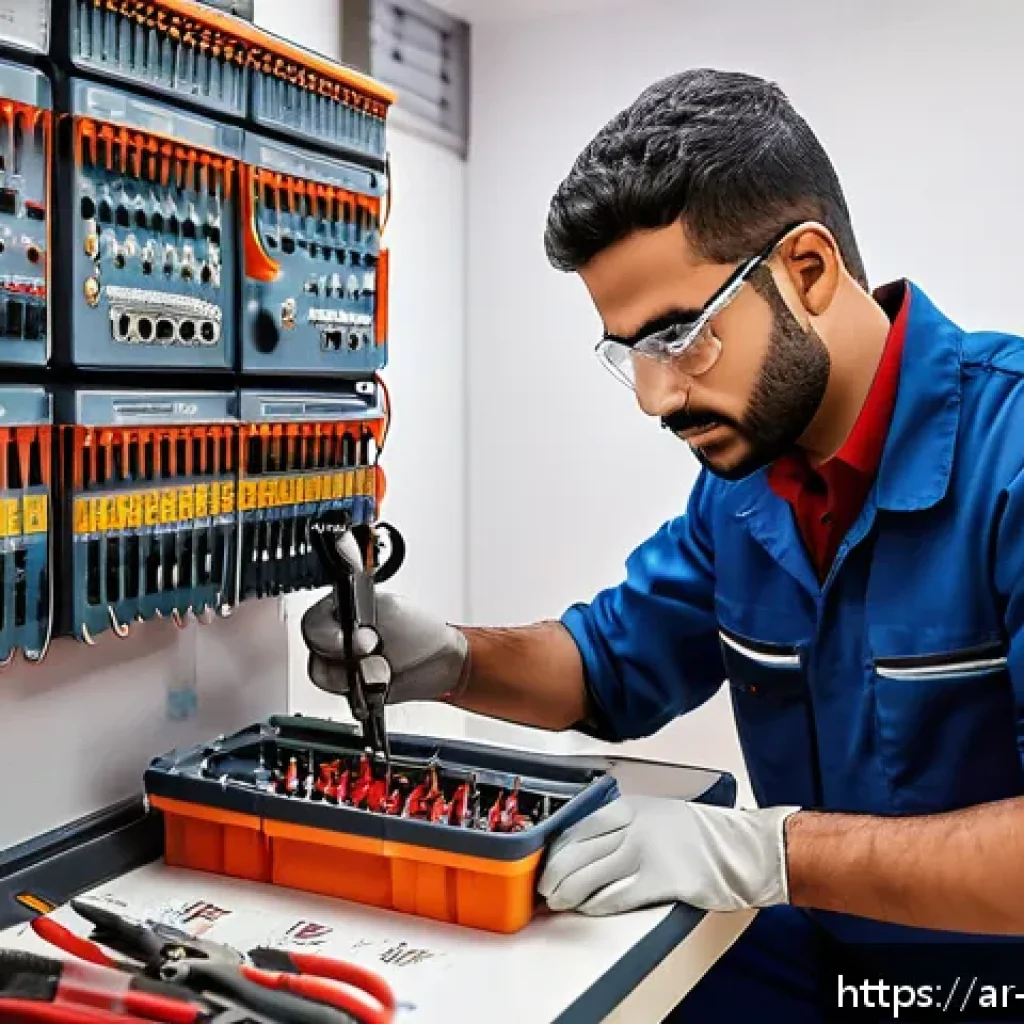 전기공사 실기 시험 체크리스트 - A detailed, realistic scene of an Arab male electrician preparing for a practical electrical exam in...