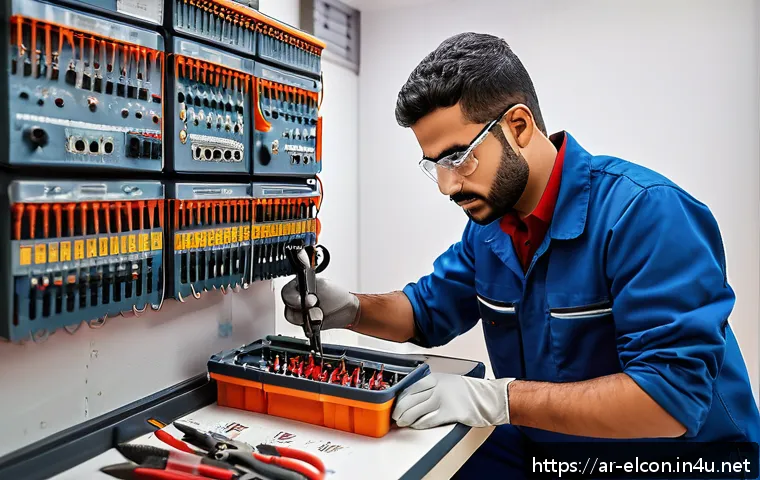 전기공사 실기 시험 체크리스트 - A detailed, realistic scene of an Arab male electrician preparing for a practical electrical exam in...