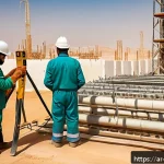 전기공사 현장 안전 수칙 정리 - A detailed construction site scene in the Middle East during daylight, showing diverse Arabic-speaki...