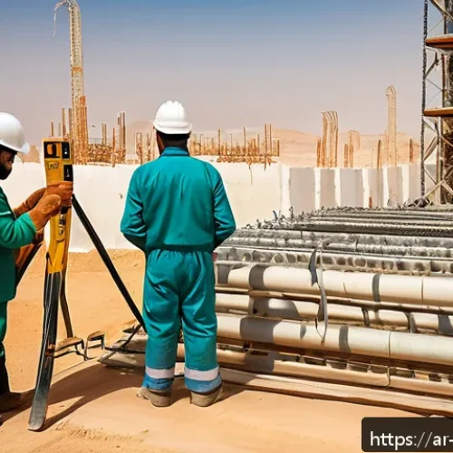 전기공사 현장 안전 수칙 정리 - A detailed construction site scene in the Middle East during daylight, showing diverse Arabic-speaki...