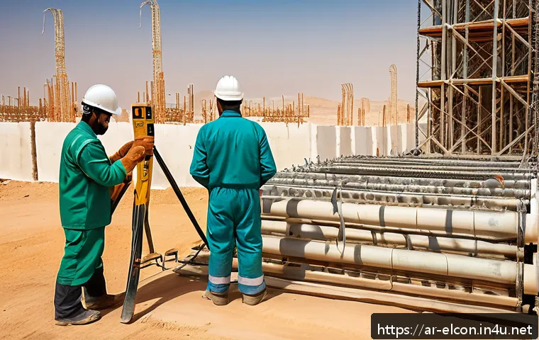 전기공사 현장 안전 수칙 정리 - A detailed construction site scene in the Middle East during daylight, showing diverse Arabic-speaki...