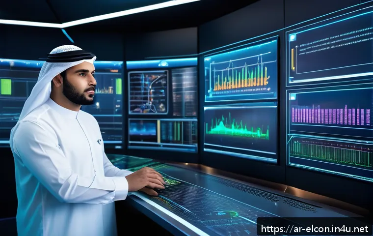 전기공사 관련 취업 시장 전망 - A detailed futuristic smart electrical grid control room in a Middle Eastern industrial setting, fea...