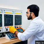 전기공사 이론과 실습의 연계 학습 - A professional electrical engineering workshop scene in a Middle Eastern setting, featuring a young ...